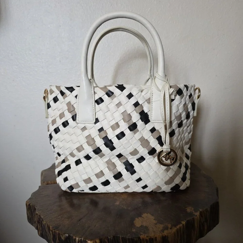 Satchel Tote Cream Black Neutral Top Handle Bag - Picture 7 of 16